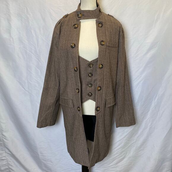 Aowofs Women's Herringbone Long Jacket Coat Size Medium Brown White Neck Strap - Picture 1 of 13
